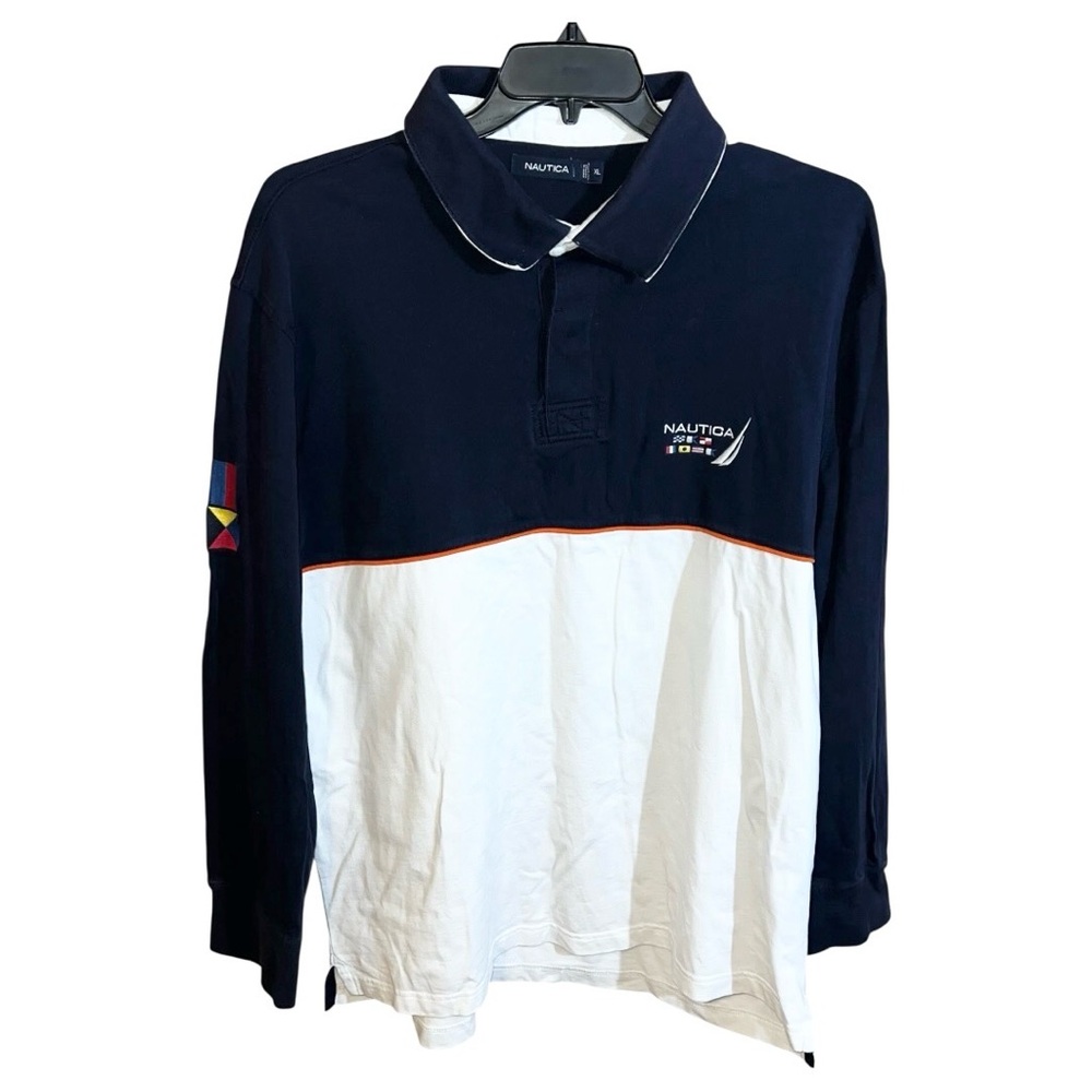 Nautica Polo Shirt Men’s XL Blue White Long Sleeve